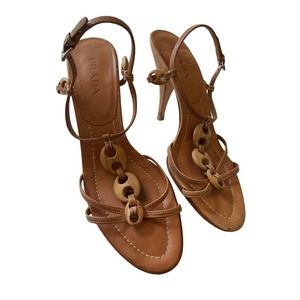 PRADA Sz 39/9 Strappy High Heel T Strap Sandals Leather Carved Wood Brown Italy